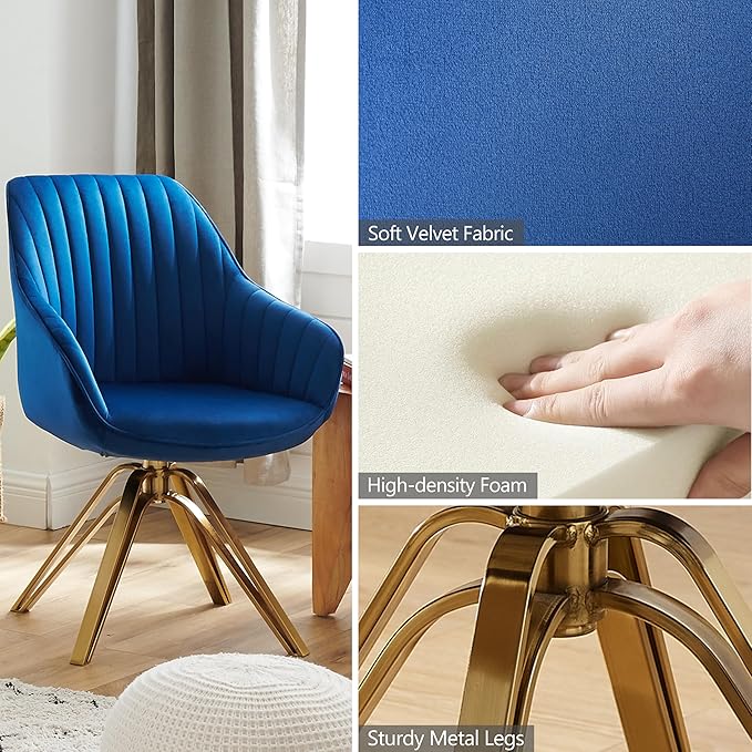 Zouron Mid Century Modern Swivel Accent Chair with Gold Metal Legs, Upholstered Swivel Chair No Wheels, Side Accent Arm Chair Vanity Chair for Small Space Home Office Living Room Bedroom, Dark Blue