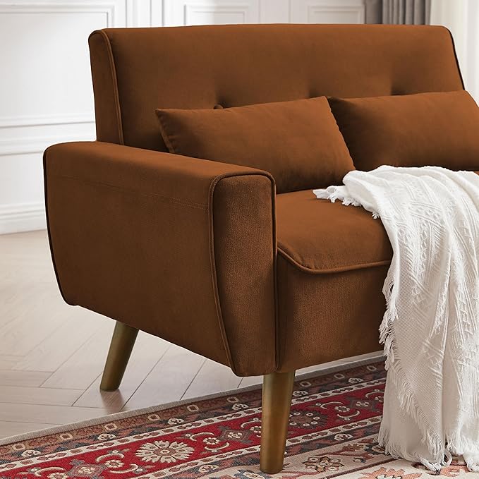48" Small Loveseat Sofa, Mid Century Modern Love Seat Couch with Back Cushions and Plastic Legs, 2 Seater Couches for Living Room, Bedroom, Small Spaces, Orange