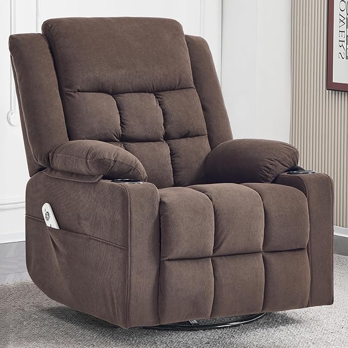 Swivel Rocker Recliner Chair for Adults with Massage and Heat, Cup Holders and Side Pockets, Glider Rocking Reclining Single Sofa Chair for Living Room (Cocoa)