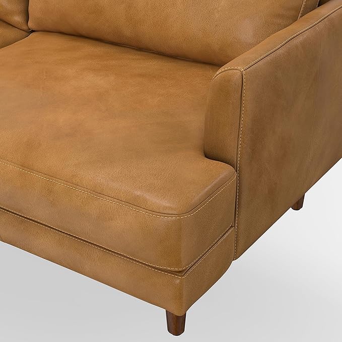 SIMPLIHOME Livingston 76-inch Wide Sofa in Sienna Top Grain Genuine Leather, Handcrafted Mid-Century Modern Loveseat for Living Room, Compact 2-Seater with Feather-Wrapped Cushions