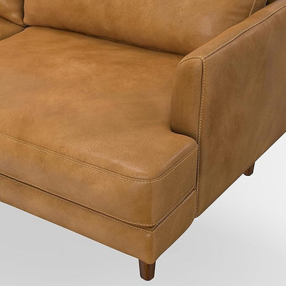 SIMPLIHOME Livingston 76-inch Wide Sofa in Sienna Top Grain Genuine Leather, Handcrafted Mid-Century Modern Loveseat for Living Room, Compact 2-Seater with Feather-Wrapped Cushions