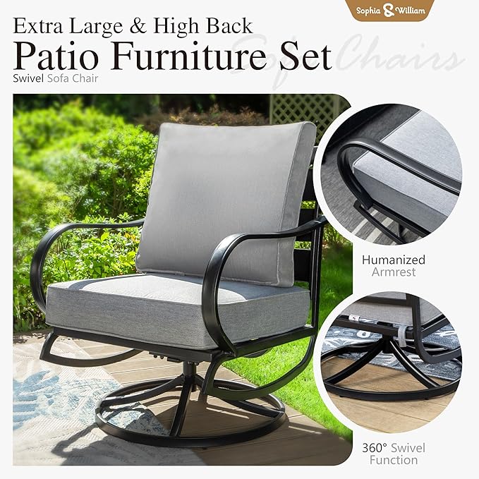 Sophia & William Patio Furniture Sets for 7 Outdoor Conversation Set 6 Pcs with 4 x Armrest Cushioned Sofa Chairs, 1 x 3-Seat Sofa, 1 Marbling Metal Coffee Table Garden Backyard Poolside Grey