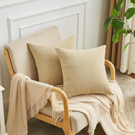 GAWAMAY Decorative Chenille Throw Pillow Covers 26x26 Inch Pack of 2, Soft Square Couch Pillow Cover for Sofa Cushion Living Room Bedroom Solid Dyed Oversized Pillowcases Khaki 66x66cm (ONLY Covers)
