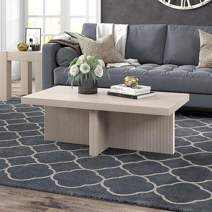 Henn&Hart 44" Fluted Rectangular Wood Pedestal Low-Profile Coffee Table for Living Room, Family Room or Office, Alder White
