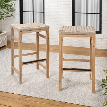 JONATHAN Y BSL1201A-SET2 Armand 30" Modern Coastal Backless Acacia Wood Outdoor Bar Stool with Woven Rope Seat, for Pool, Deck, Poolside, Light Teak/Ivory (Set of 2)