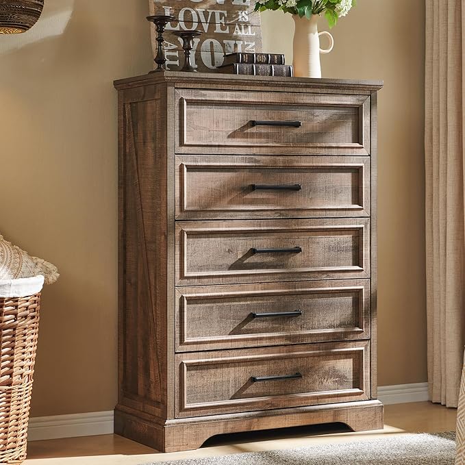 ACCOHOHO Farmhouse 5 Drawers Dresser Chests for Bedroom,46" Tall Wood Rustic Chest of Drawers with Wide Metal Handle,Natural Texture,Drawer Organizer for Bedroom,Living Room,Hallway and Entryway,LB