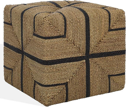 SAFAVIEH Couture Collection - Liatasha Natural & Black Woven Seagrass Square Ottoman, Fully Assembled (CWK2023A)