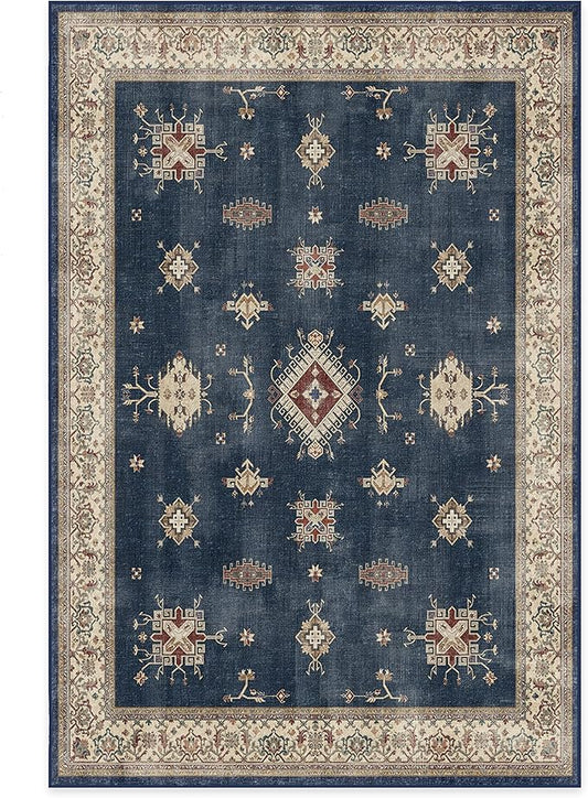 RUGGABLE Washable Vintage Area Rug – Verena Sapphire 6x9, Stain-Resistant, Non-Slip – Medium Machine Washable Rugs for Living Room, Bedroom, Hallway, Entryway & Office–with Standard Pad