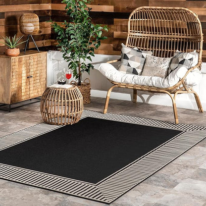 nuLOOM 8' x 10' Outdoor Area Rug, Casual Design With Striped Border, Stain Resistant, Highly Durable, For Patio, Balcony, Bedroom, Living Room, Dining Room, Bathroom, Black