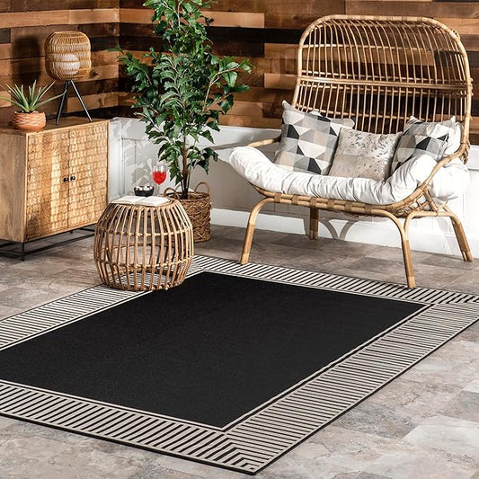 nuLOOM 8' x 10' Outdoor Area Rug, Casual Design With Striped Border, Stain Resistant, Highly Durable, For Patio, Balcony, Bedroom, Living Room, Dining Room, Bathroom, Black
