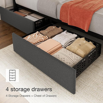 Garvee King Size Bed Frame with 4 Storage Drawers, Adjustable Height Headboard, Linen Upholstered Platform Bed Frame, No Box Spring Needed, Easy Assembly, Grey
