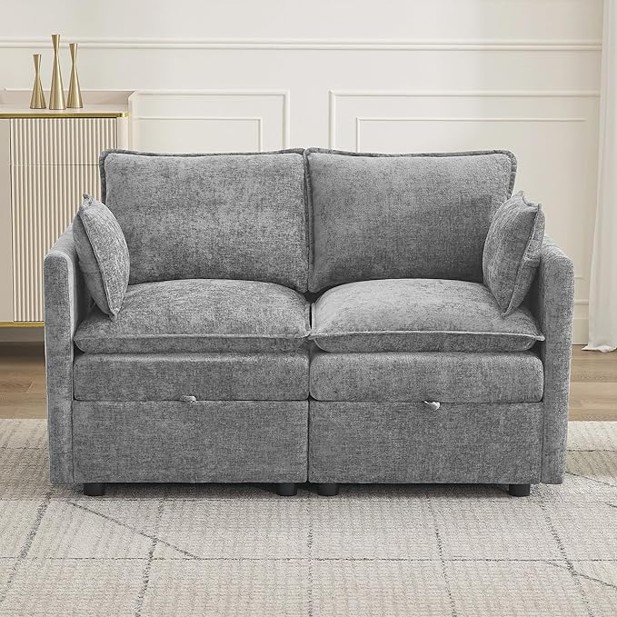 55" Cloud Modular Loveseat Sofa with Storage, Modern Upholstered Sofa Couch Small Love Seat，2 Seater Chenille Comfy Sectional Sofa with Armrests for Living Room, Small Space, Light Grey