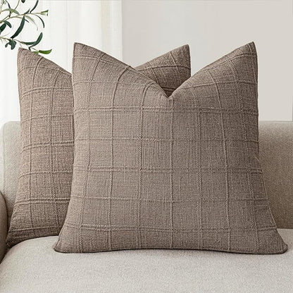 Foindtower Set of 2 Decorative Linen Check Throw Pillow Covers Neutral Farmhouse Vintage Cushion Covers Modern Boho Home Decor for Sofa Chair Couch Bedroom Living Room,16×16 Inch,Tan Taupe