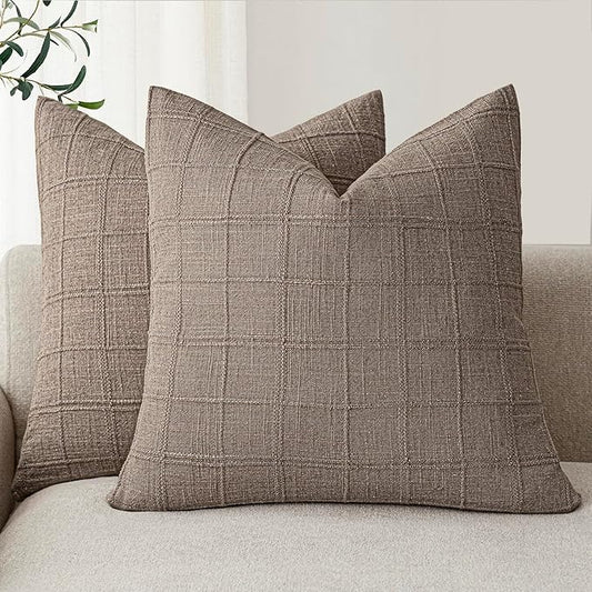 Foindtower Set of 2 Decorative Linen Check Throw Pillow Covers Neutral Farmhouse Vintage Cushion Covers Modern Boho Home Decor for Sofa Chair Couch Bedroom Living Room,22×22 Inch,Tan Taupe