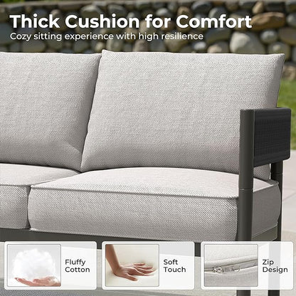 Gand Patio Outdoor 3-Seat Couch Sofa, Wicker Conversation Set with Thick Cushion for Porch, Garden, Yard, Beige