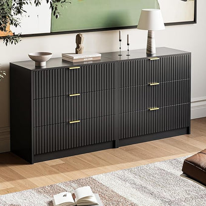 3-Piece Dresser Bedroom Set, 7 Drawer Dresser & 3 Drawer Nightstands with Gold Handles, Fluted Wood Chest of Drawers for Bedroom, Living Room, Entryway, Black