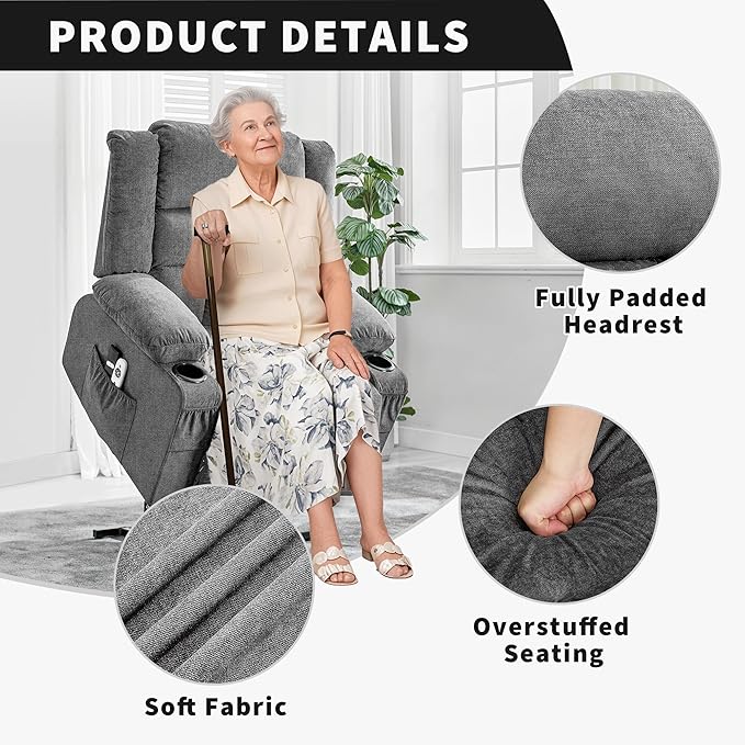 Large Power Lift Recliner Chair for Elderly Wide Electric Lift Chair with Massage and Heat for Big and Tall Adults Reclining Sofa Chair with Remote Control, Cup Holders, Side Pockets, USB Port, Gray