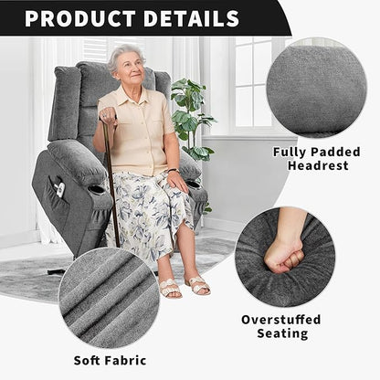 Large Power Lift Recliner Chair for Elderly Wide Electric Lift Chair with Massage and Heat for Big and Tall Adults Reclining Sofa Chair with Remote Control, Cup Holders, Side Pockets, USB Port, Gray