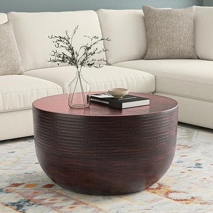 SIMPLIHOME Johnsen 30-inch Wide Metal Drum Coffee Table in Oil Rubbed Bronze, Boho-Style Cocktail Table for Living Room or Family Room, Assembled
