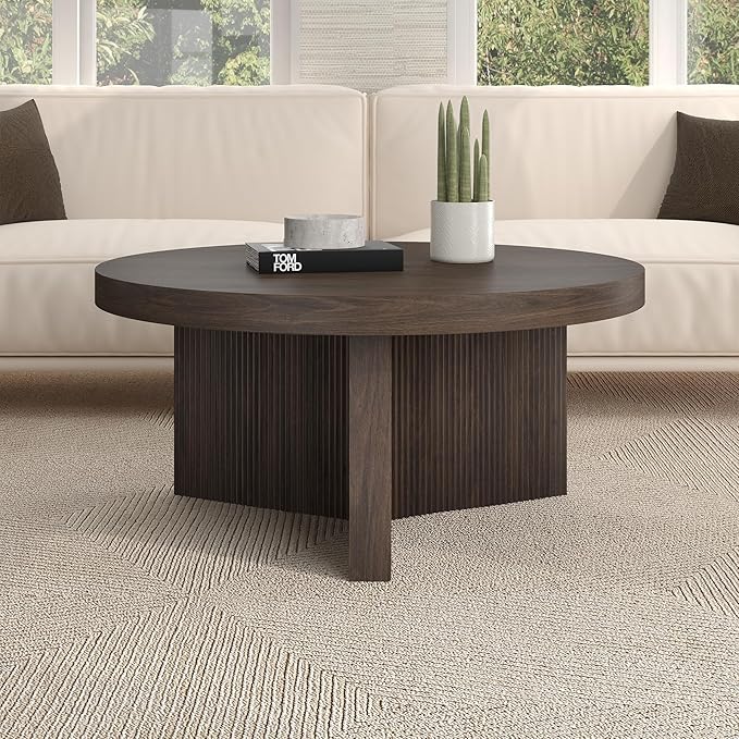 Henn&Hart 32" Fluted Round Low-Profile Coffee Table with Ribbed Pedestal Base Living Room, Family Room, Office, or Apartment, Alder Brown