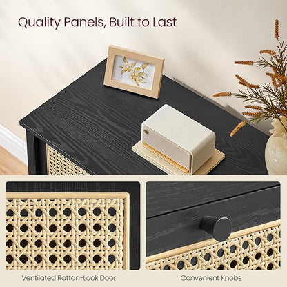 VASAGLE Boho Buffet Cabinet, Synthetic Rattan Sideboard with Drawers, Storage Cabinet with Adjustable Shelves, Ink Black UBBK242B01