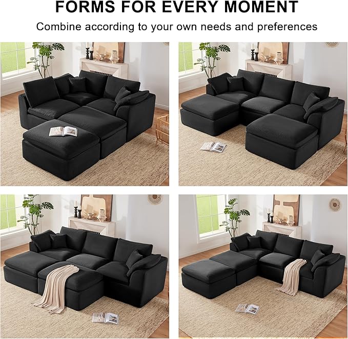 112" Cloud Sectional Couch, Boneless Couches for Living Room, U Shaped Couch with Convertible Ottoman, Modular Sectional Sofa with Deep Seat, Comfy Soft Cushions, No Assembly, Black
