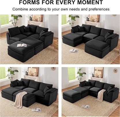 112" Cloud Sectional Couch, Boneless Couches for Living Room, U Shaped Couch with Convertible Ottoman, Modular Sectional Sofa with Deep Seat, Comfy Soft Cushions, No Assembly, Black