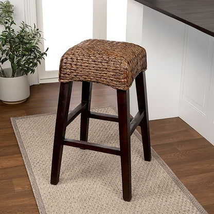 JONATHAN Y BSL1101C Maui 29.5" Rustic Bohemian Hyacinth/Wood Backless Bar Stool for Home, Kitchen, Dining Room, Workspaces, Cafes and Resturants, Dark Brown Woven Seat with Natural Wood Frame