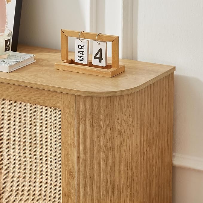LKTART 64" Sideboard Buffet Cabinet with Storage, Wooden Fluted Storage Cabinet Sideboard with Adjustable Shelves Pressed Spring Rattan Doors for Kitchen Living Room (Natural)