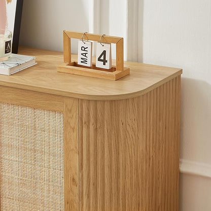 LKTART 64" Sideboard Buffet Cabinet with Storage, Wooden Fluted Storage Cabinet Sideboard with Adjustable Shelves Pressed Spring Rattan Doors for Kitchen Living Room (Natural)
