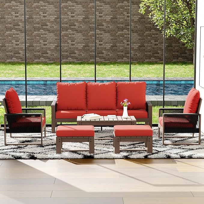 6 Piece Patio Furniture Set with 3-Seat Sofa, 2 Porch Armchairs, 2 Ottoman and 1 Coffee Table Wicker Outdoor Conversation Set for Garden, Terrace, Porch, Balconies, Lawns