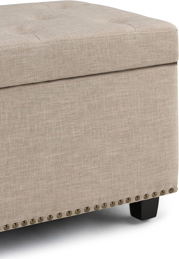 SIMPLIHOME Hamilton 48 inch Wide Transitional Rectangle Storage Ottoman in Natural Linen Look Fabric, Assembled, For the Living Room, Entryway and Family Room