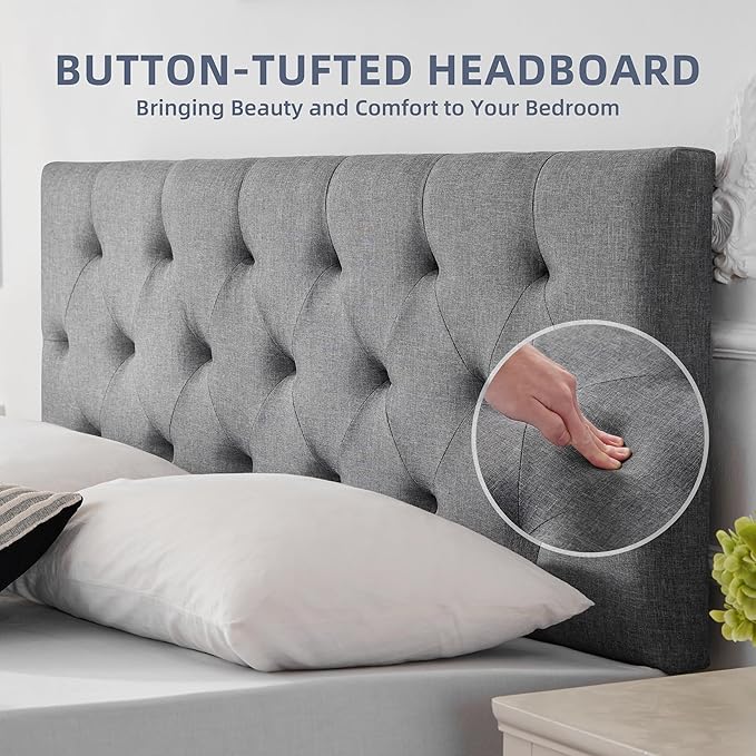 Linen Upholstered Headboard Twin Size, Diamond Tufting Solid Wood Twin XL Headboard Only, Adjustable Height from 37” to 51” Head Board, Dorm Bed Frame or Wall Mount Headboards, Light Grey