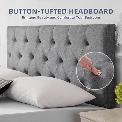 Linen Upholstered Headboard Full Size, Modern Diamond Tufting Solid Wood Full XL Headboard Only, Adjustable Height from 37” to 51” Head Board, Bed Frame or Wall Mount Headboards, Light Grey