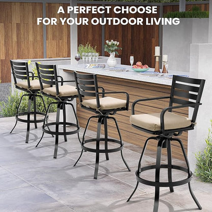 Pellebant Outdoor Bar Stools Set of 4 with Sunbrella Cushion, 29.5" Aluminum Swivel Bar Height Stool Chairs with Back & Footrest, Rust-Proof Patio Bartools for Deck Lawn Garden, Beige