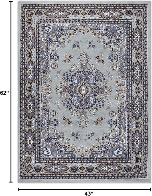 Home Dynamix Premium Sakarya Traditional Medallion Border Area Rug, Silver, 3'7"x5'2" Rectangle
