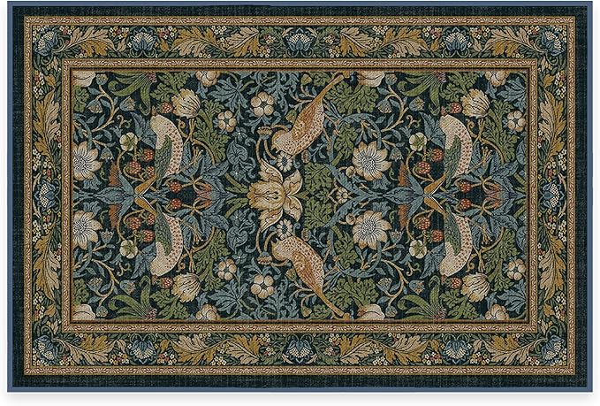 RUGGABLE x Morris & Co Washable Area Rug– Strawberry Thief Indigo 2x3, Stain-Resistant, Non-Slip – Small Machine Washable Rugs for Living Room, Bedroom, Hallway, Entryway & Bathroom–with Standard Pad