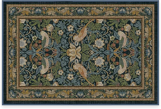 RUGGABLE x Morris & Co Washable Area Rug– Strawberry Thief Indigo 2x3, Stain-Resistant, Non-Slip – Small Machine Washable Rugs for Living Room, Bedroom, Hallway, Entryway & Bathroom–with Standard Pad