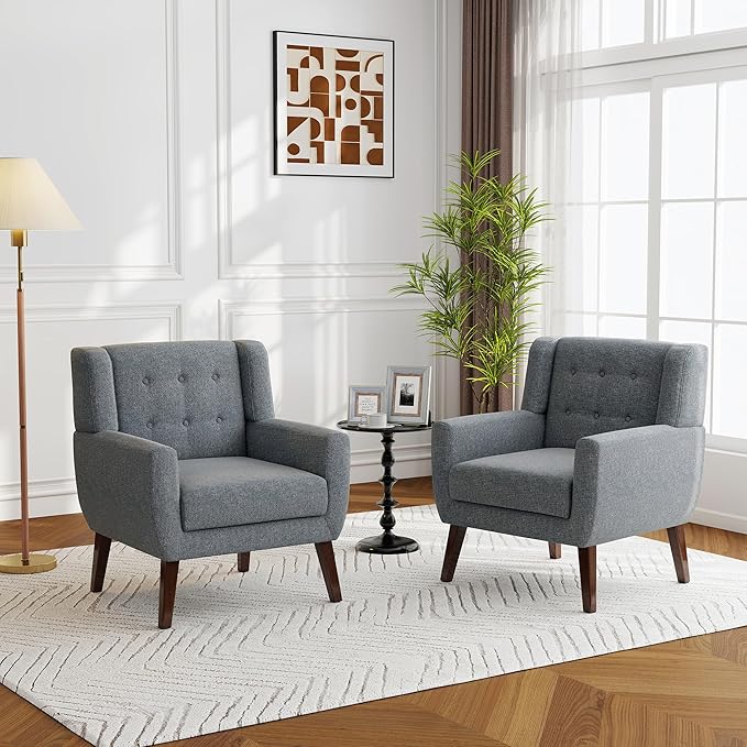 Accent Chairs Set of 2, Modern Fabric Armchairs for Living Room, Comfy Upholstered Arm Chairs Tufted for Indoor Bedroom Office Room (Gray)