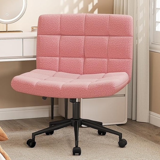 Furnimart Swivel Criss Cross Legged Chair with Wheels for Home Office, Wide Armless Desk Chair Height Adjustable Comfy Seat for Desk,Vanity, Bedroom, Faux Fur Pink