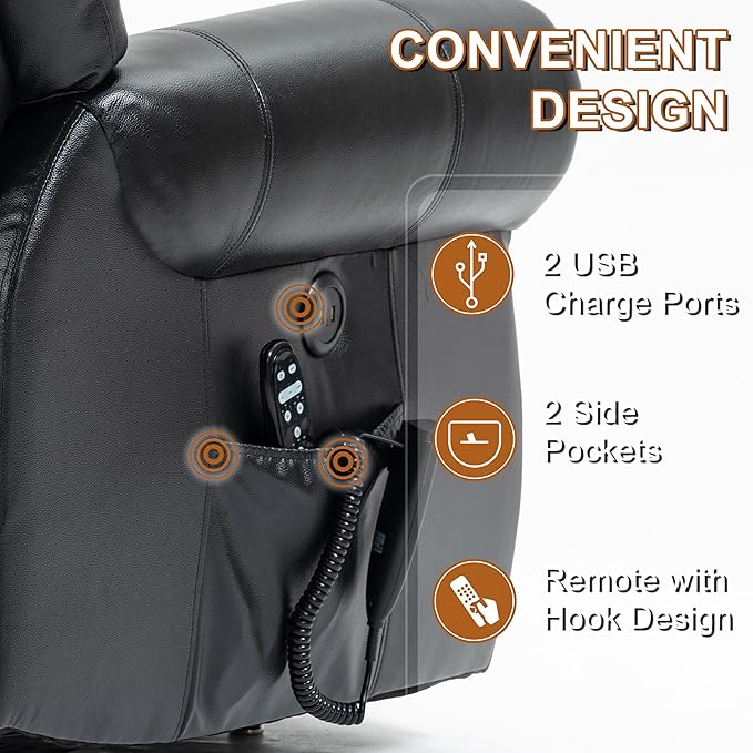Luxlen Power Lift Recliner Chair for Elderly, Dual Motor Massage Recliner with Lumbar Heat, Heavy Duty Motion Mechanism Lift Chair with Charge Ports, Genuine Leather - Black