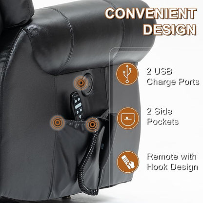 Luxlen Power Lift Recliner Chair for Elderly, Dual Motor Massage Recliner with Lumbar Heat, Heavy Duty Motion Mechanism Lift Chair with Charge Ports, Genuine Leather - Black