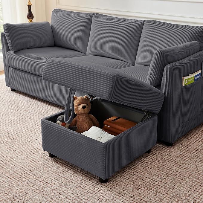 Corduroy Storage Ottoman for Living Room Sofas Couches, Square Ottoman with Storage Space Foot Rest Stool for Apartment, Dorm, Entryway, Grey