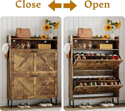 Shoe Storage Cabinet with 2 Flip Drawers, Narrow Wood Shoe Cabinet Storage for Entryway with Metal Legs & Hooks, Adjustable Shelves, Freestanding Shoe Rack Organizer for Foyer, Hallway, Brown