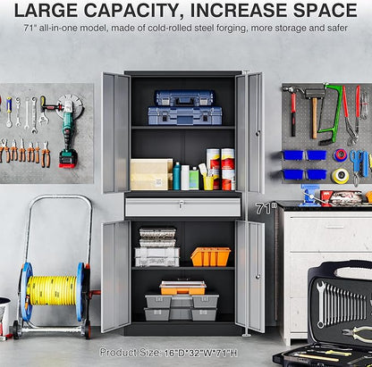 Metal Garage Storage Cabinet with Doors and Shelves, Lock, Drawer - 71" Lockable Steel Cabinet for Home, Office