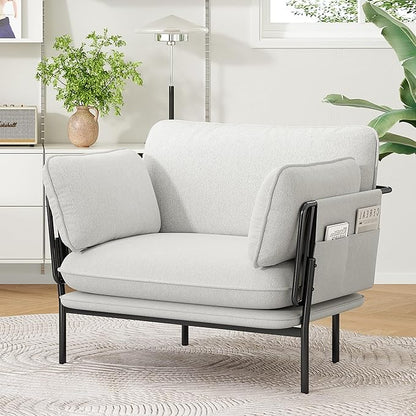 Modern Accent Chair for Living Room, Oversized Reading Chair with Solid Metal Legs, Upholstered Fabric Armchair with Side Pockets and 2 Pillows, Comfy Accent Chairs for Bedroom, Nursery, White