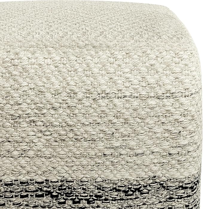 SIMPLIHOME Macie Boho Square Woven Outdoor/ Indoor Pouf in Grey and White Recycled PET Polyester for the Living Room, Bedroom and Kids Room