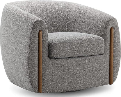 CHERS Aspen Swivel Accent Chair with Wood Accents, Bouclé Upholstered Armchair for Living Room, 360° Swivel Barrel Chair with High-Density Cozy Foam Cushioning, Modern Design, Gray