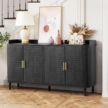 ORRD 4 Doors Storage Cabinet, 2 Tier Wooden Storage Organizer Cabinet with Adjustable Shelf, Sideboard Buffet Cabinets with Iron Curved Doors Accent Shoe Rack for Entryway Hallway Living Room (Black)