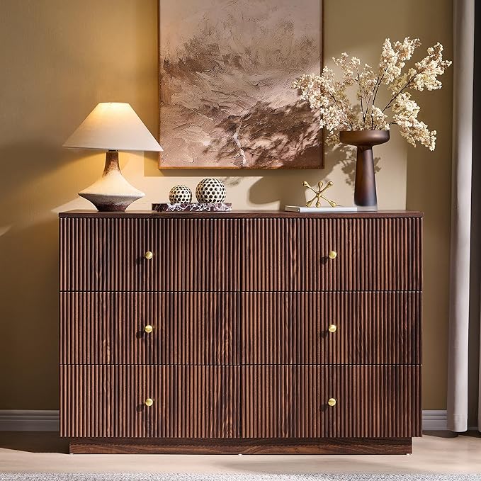 Fluted Dresser for Bedroom, 47" 6 Drawer Dressers, Wood Tall Dresser Storage Organizer, Modern Chest of Drawers with Deep Storage for Closet Hallway, Entryway, Living Room, Brown
